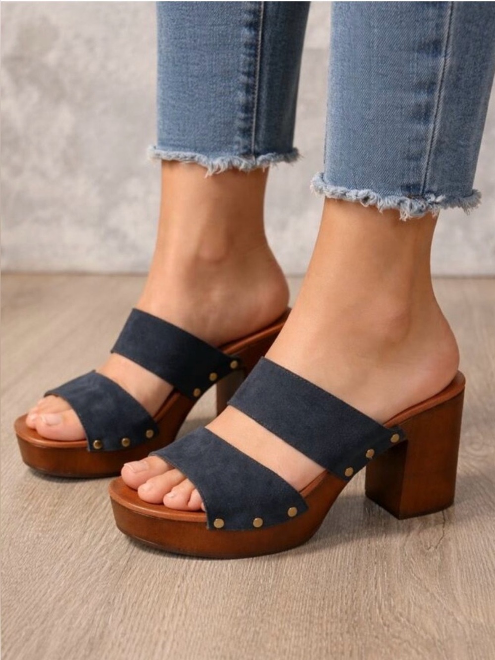 Navy Double-Strap Platform Mule Clogs